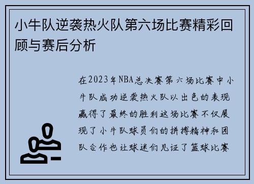 小牛队逆袭热火队第六场比赛精彩回顾与赛后分析
